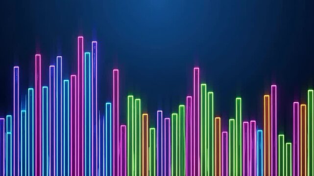 Neon audio spectrum visualizer pulsing, vibrant colors on clean blue background, dynamic sound waves, rhythmic motion, glowing lines, 4K video
