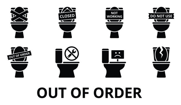 Collection of black silhouette icons representing out of order toilets with various signs and damage.