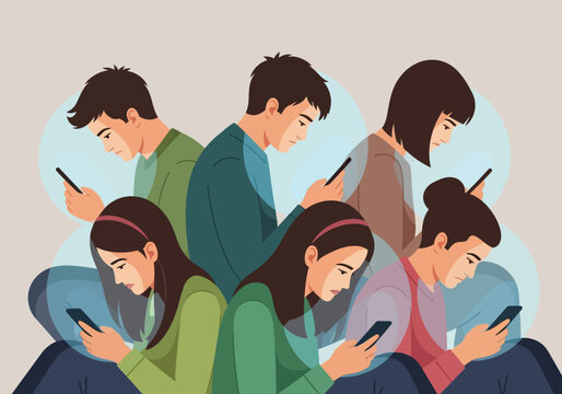 People Using Smartphones Isolated in Digital Bubbles Social Media Addiction Illustration