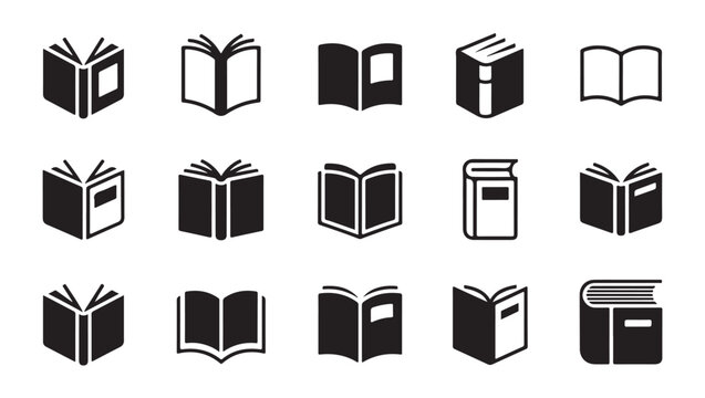 Book icon set. library book stack, open book, and book spine line art in simple flat style.