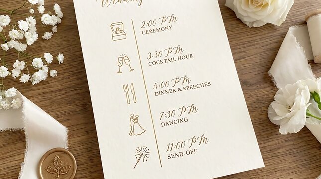 A wedding schedule designed elegantly, showcasing a timetable