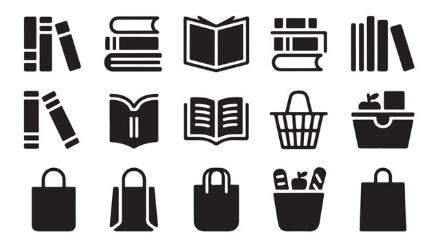 Book row, stacked books, open book, shopping basket, fruit and bread bag, book bundle.