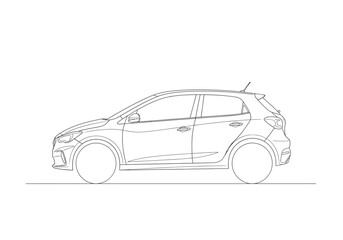 Obraz premium Clean minimalist line art drawing of a modern hatchback car side view with automobile