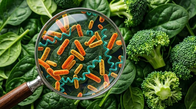 A magnifying glass showing an enlarged view of bacteria on fresh green broccoli and spinach leaves