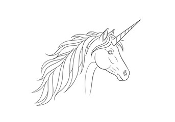 Majestic unicorn head portrait with flowing mane black and white line art illustration © StockSynergy