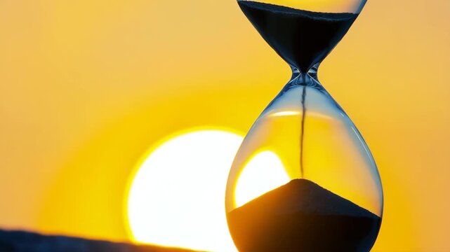 An hourglass shows sand flowing as the sun sets over the horizon. The scene captures the change from day to night beside the water.