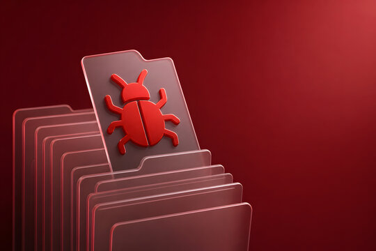 Red malware icon emerging from translucent file stack