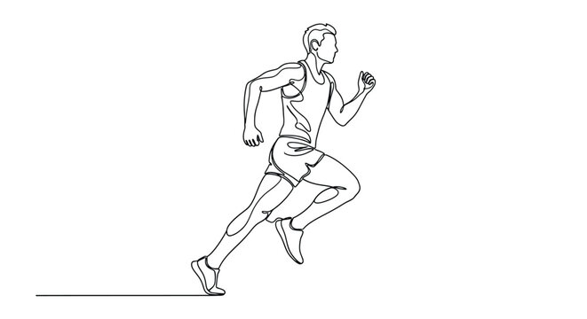 Continuous line drawing of a male athlete running forward with exercise training movement