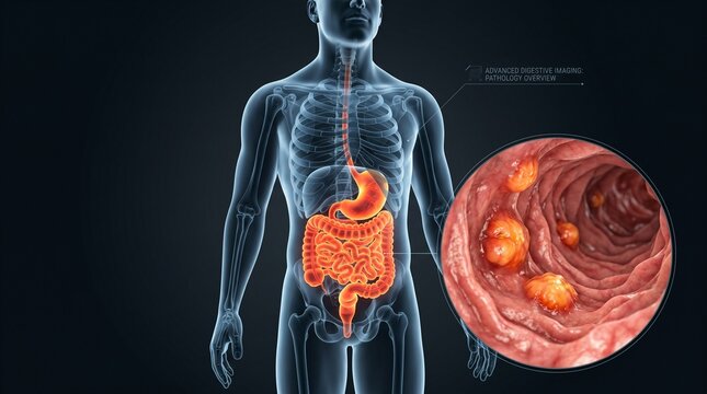 A human anatomical diagram showing the digestive system with a close-up view of colon polyps in the intestine