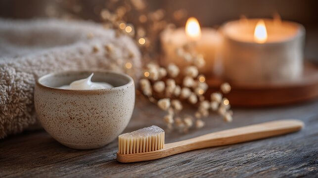 Toothbrush and toothpaste on wooden table with warm lighting, natural textures and cozy home hygiene concept