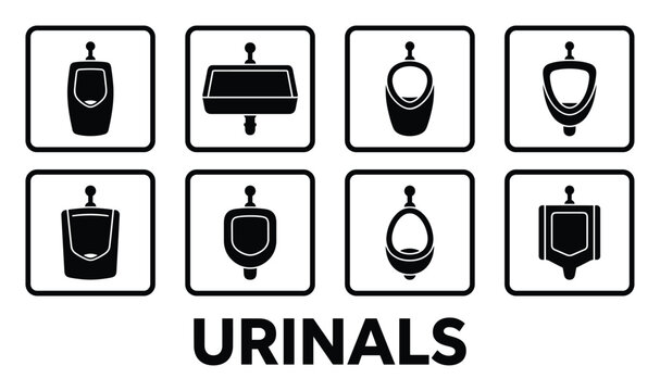 Collection of eight urinal icons in black solid style showing different shapes and mounting types.