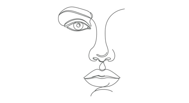 Detailed one line drawing of partial female face close up with minimalist portrait continuous