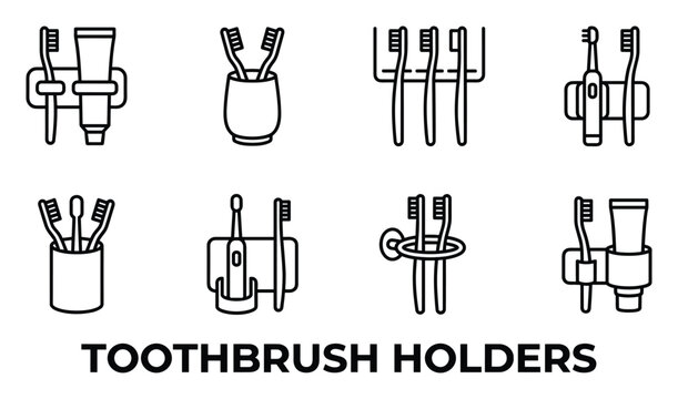 Collection of toothbrush holders and toothpaste icons for dental hygiene vector set.