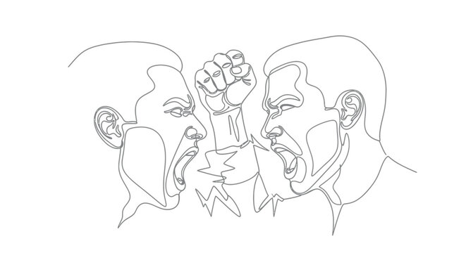 Continuous line art of two men confronting and shouting at each other with confrontation