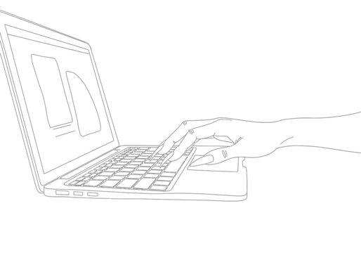 Sketch of a hand using a laptop keyboard and touchpad with line art, computer