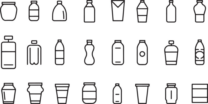 Set of simple black line icons depicting various types of plastic bottles and containers for water beverage and food packaging items isolated on transparent background, Vector, illustration