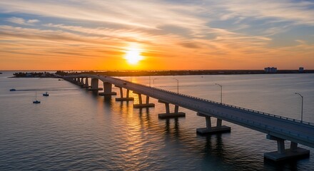 Fototapeta premium Sunset view of bridge over water with sun setting on horizon