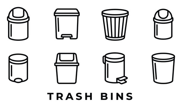 Set of eight trash bin icons in line art style featuring different designs and lids for various waste disposal.