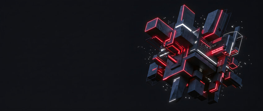 Futuristic 3D geometric cube with glowing red circuits on dark background.