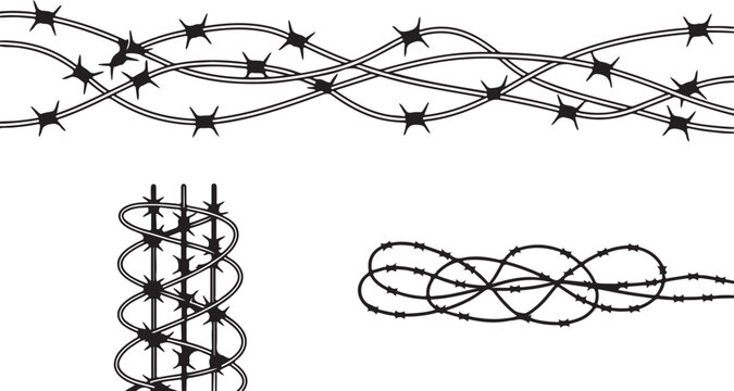 Barbed wire fencing collection with diverse metal obstacle configurations.