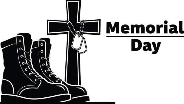 Memorial Day illustration with black military boots a cross and dog tags to honor fallen soldiers and army heroes