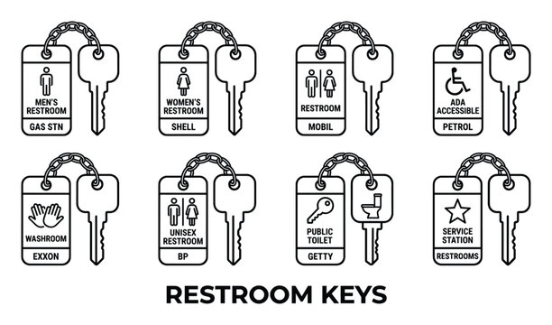 Various restroom key icons labeled with names like men women gas station mobil and service stations.