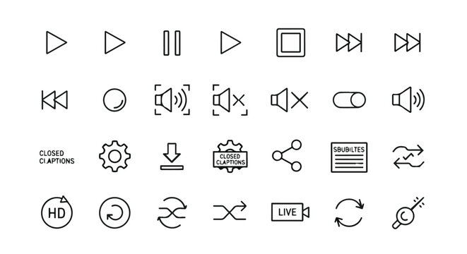 Set of modern line icons for video player interface design and digital media navigation.