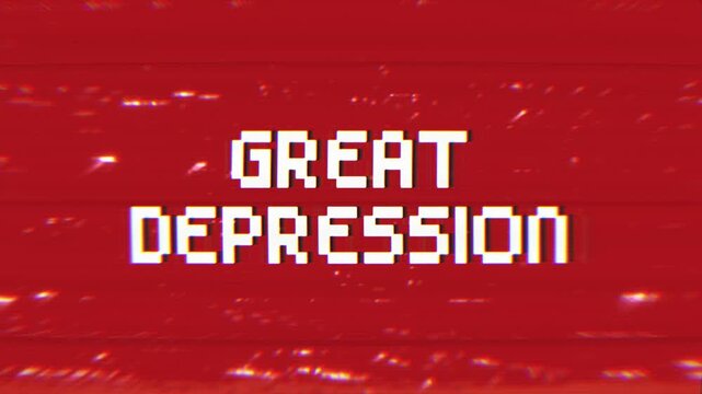 Great Depression text with strong glitch and VHS effects on a bold red background. Perfect for historical, economic, or retro-themed video intros and educational content.