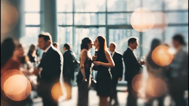 People mingling at a blurred indoor event with soft bokeh lights
