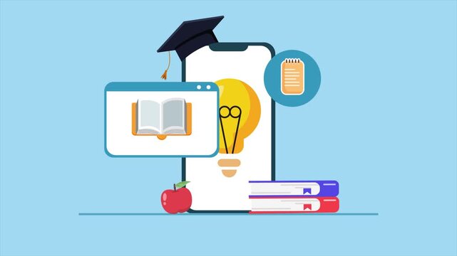 E learning concept with books and icons. Digital learning concept. Full length Icon animation illustration. High quality&nbsp;4k&nbsp;footage
