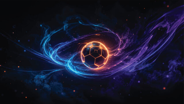 Premium football ball glow background with blue spiral light and orange glowing center