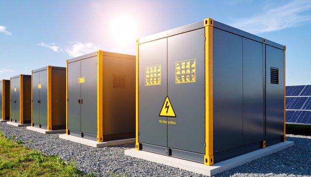 Row of modern battery energy storage system containers with solar panels under a bright sunny sky, representing renewable energy technology.
