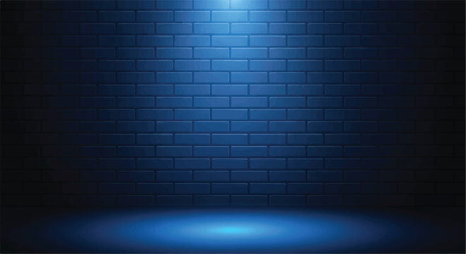 Blue spotlight on a brick wall and floor with building material wall texture blue light spotlight effect light beam modern background