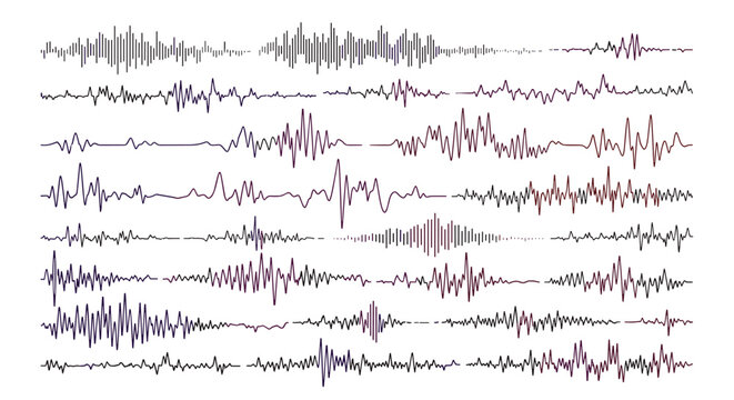 Multiple rows of varying audio sound waves and frequency patterns representing music, voice recording, and digital signal processing.