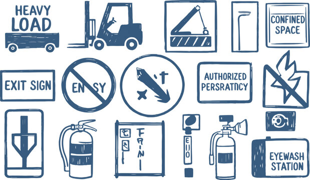 Warehouse safety signs and hazard prevention equipment for industrial spaces.