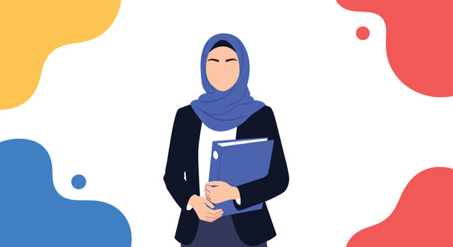 Professional Muslim woman wearing a blue hijab and a black suit jacket holding a document folder against a colorful background.