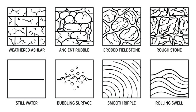 Assorted stone textures, water surfaces, and nature patterns in black and white, vector graphics.