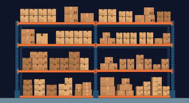 Industrial warehouse shelves filled with many brown cardboard boxes of different sizes representing logistics and storage solutions.
