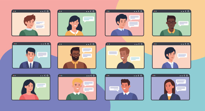 Large grid of twelve computer screens showing diverse people participating in an online video conference meeting with speech bubbles.
