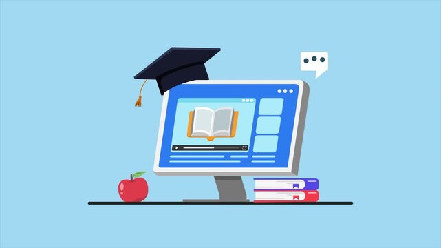 Computer screen showing virtual classroom learning. Digital learning concept. Full length Icon animation illustration. High quality&nbsp;4k&nbsp;footage