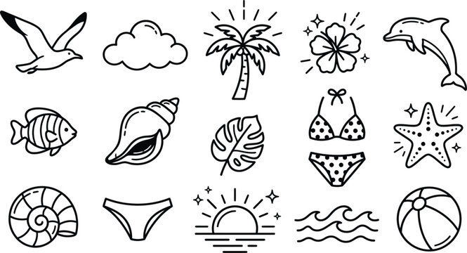 Summer Beach Icons Set Line Art Style on White Background