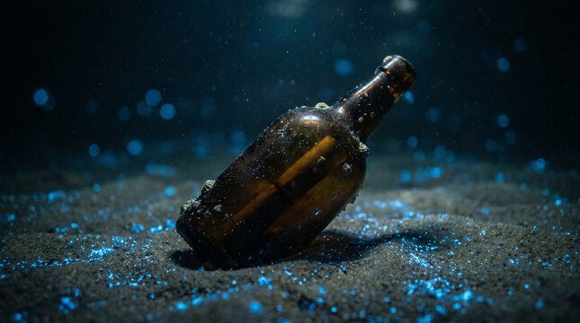 Vintage Forgotten message in a bottle on the sandy underwater ocean floor