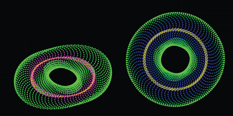 An abstract fractal vector design featuring a colorful spiral pattern of blue light circles and glowing rings against a dark black space backdrop texture © MRIDUL