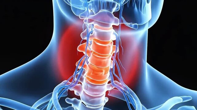 3D Medical Illustration of Human Neck and Cervical Spine Anatomy with Highlighted Pain or Injury for Health Concepts