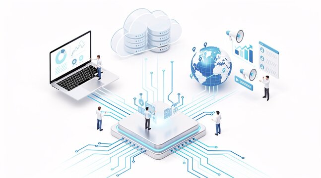 Isometric Cloud Computing Network Connecting Devices and Data Analytics on White Background