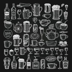 Collection of hand drawn drinks and beverage icons set on a blackboard background for bar menu design and restaurant decor © SAIF820