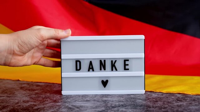 Lightbox with text DANKE THANK YOU National symbol of Germany. German wave silky flag background. Concept of thanksgiving day and gratitude 
