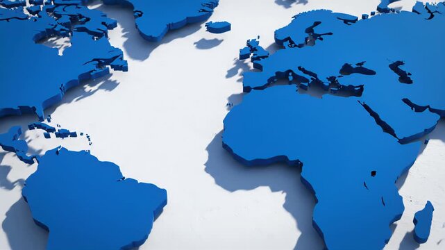 A blue 3D world map on a white background with shadows