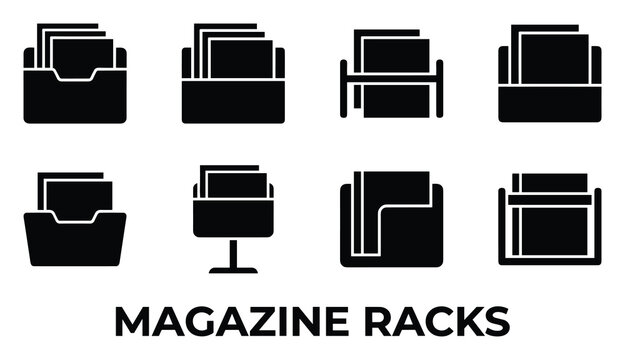 Collection of black silhouette magazine racks and holders for documents and papers displayed on white.