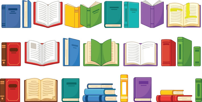 Colorful open and closed book illustrations set with textbooks stacks and reading icons vector collection